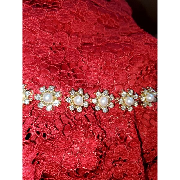 Baby Girl Dark Red Lace Dress With Rhinestone Waist & Bloomers 6 Months - Picture 9 of 9